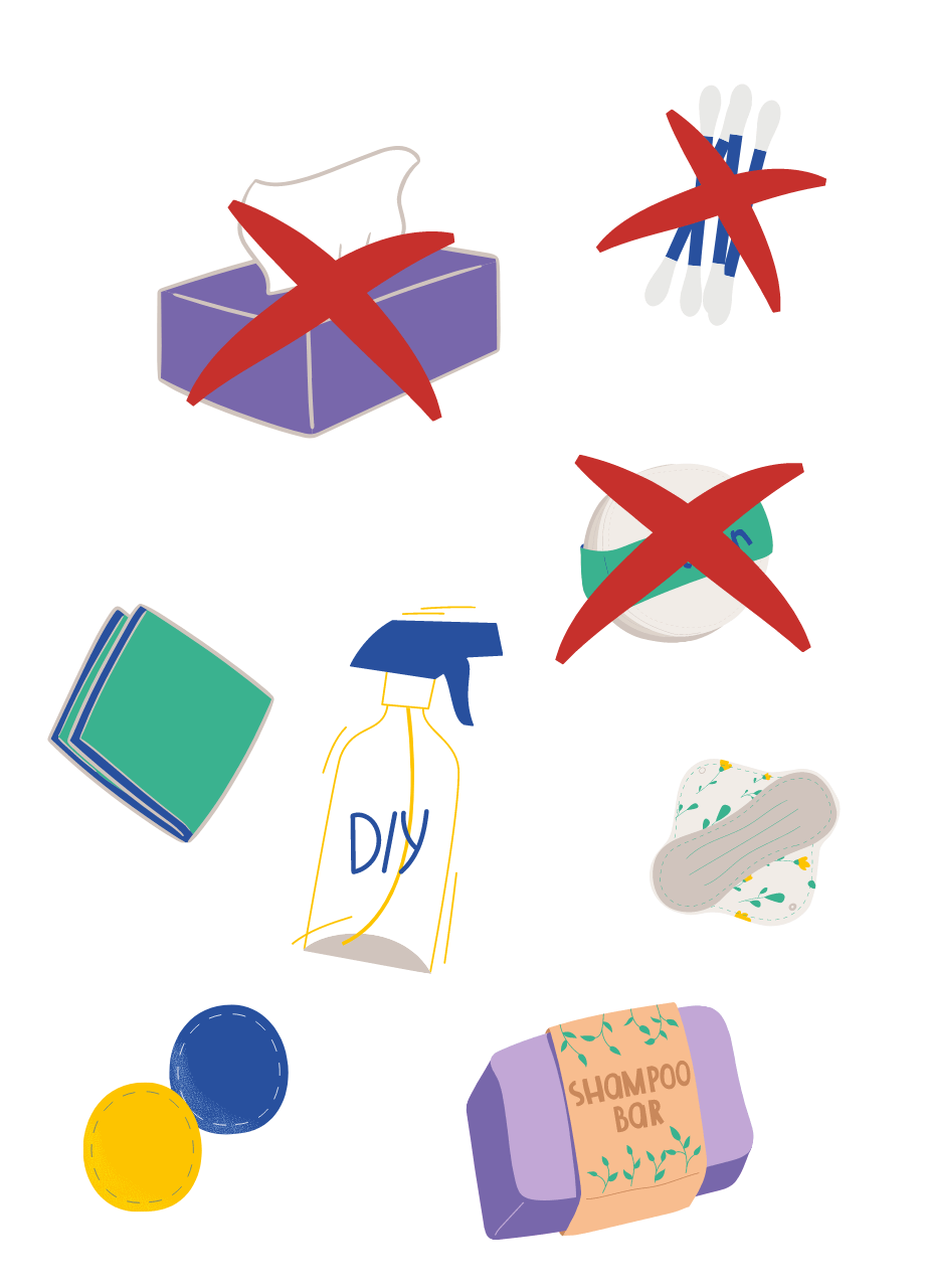 Visuel déconseillant les mouchoirs en papier, coton-tige et cotons à usage unique et recommandant les mouchoirs en tissu, les savons en blocs, les serviettes lavables, les produits d'entretien fait soi-même